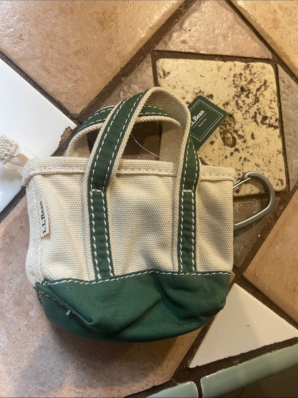 L.L. Bean Cream and Green Mini Canvas Tote with Carabiner